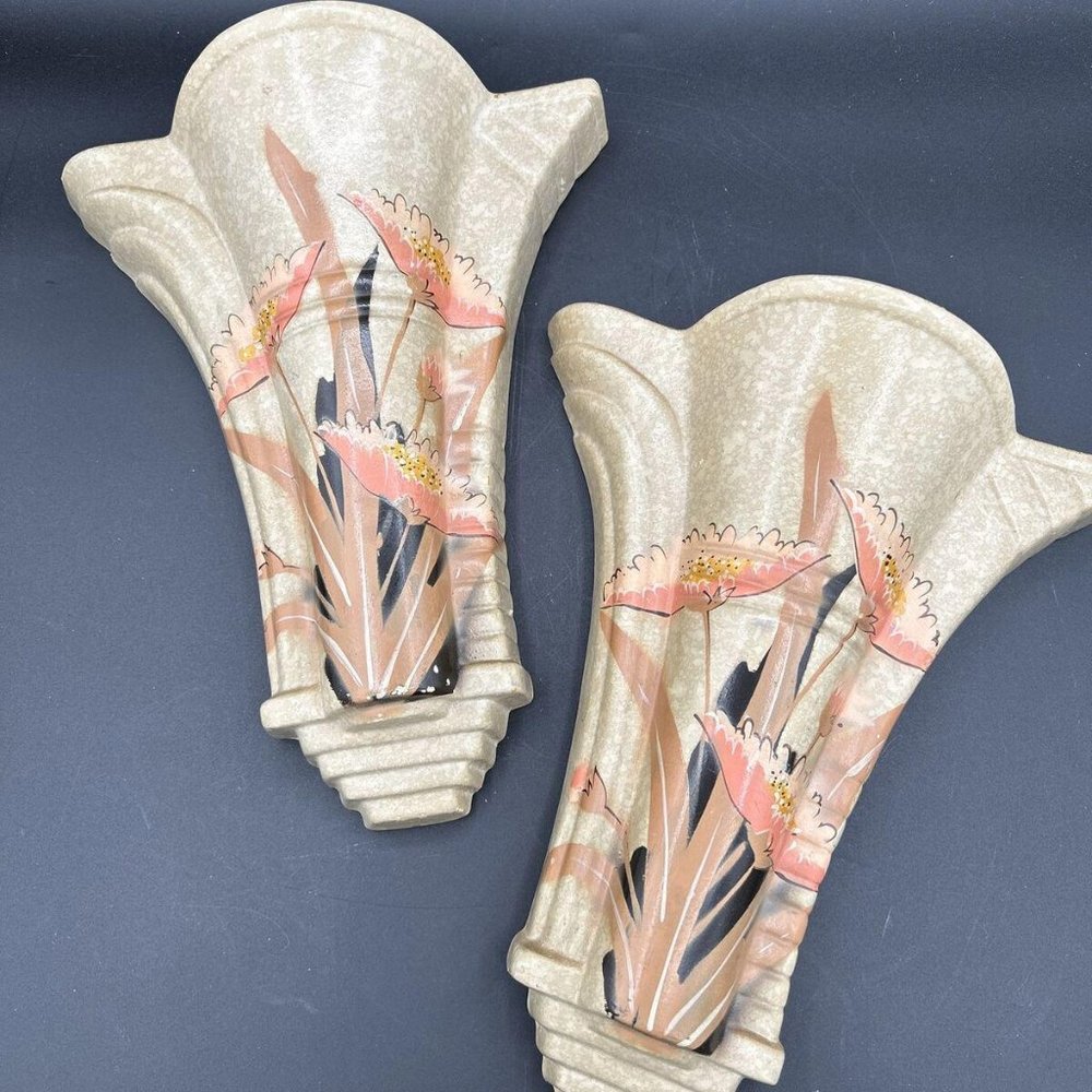 Art Deco Floral Hand Painted Ceramic Wall Pockets by Adrian Pottery England, 2
